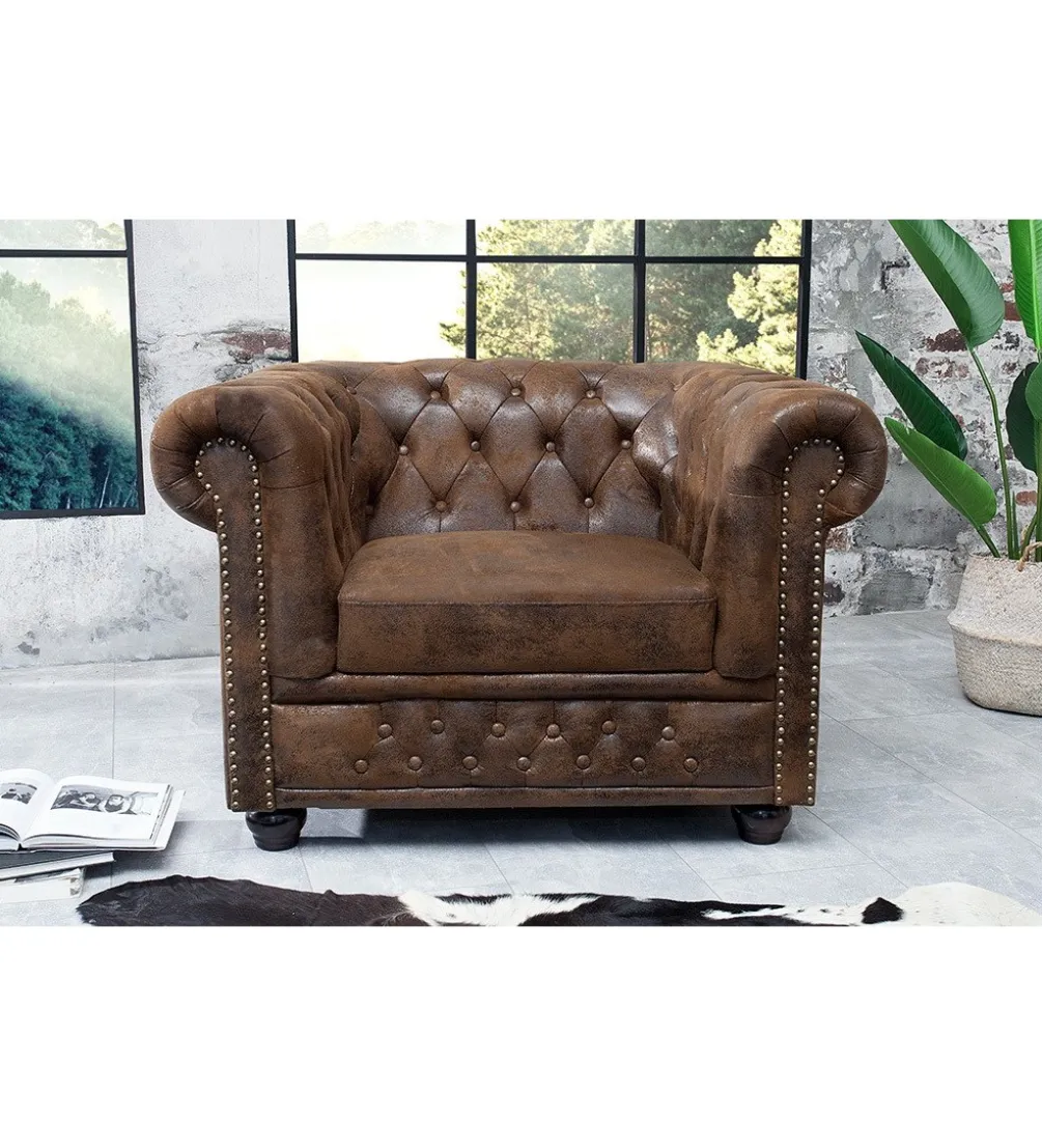 Fotel Chesterfield 110 cm antyczny brąz