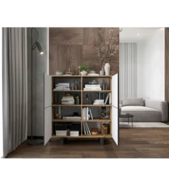 Komoda wysoka HAMBURG 108 cm biała z dodatkiem koloru dąb Cadiz
