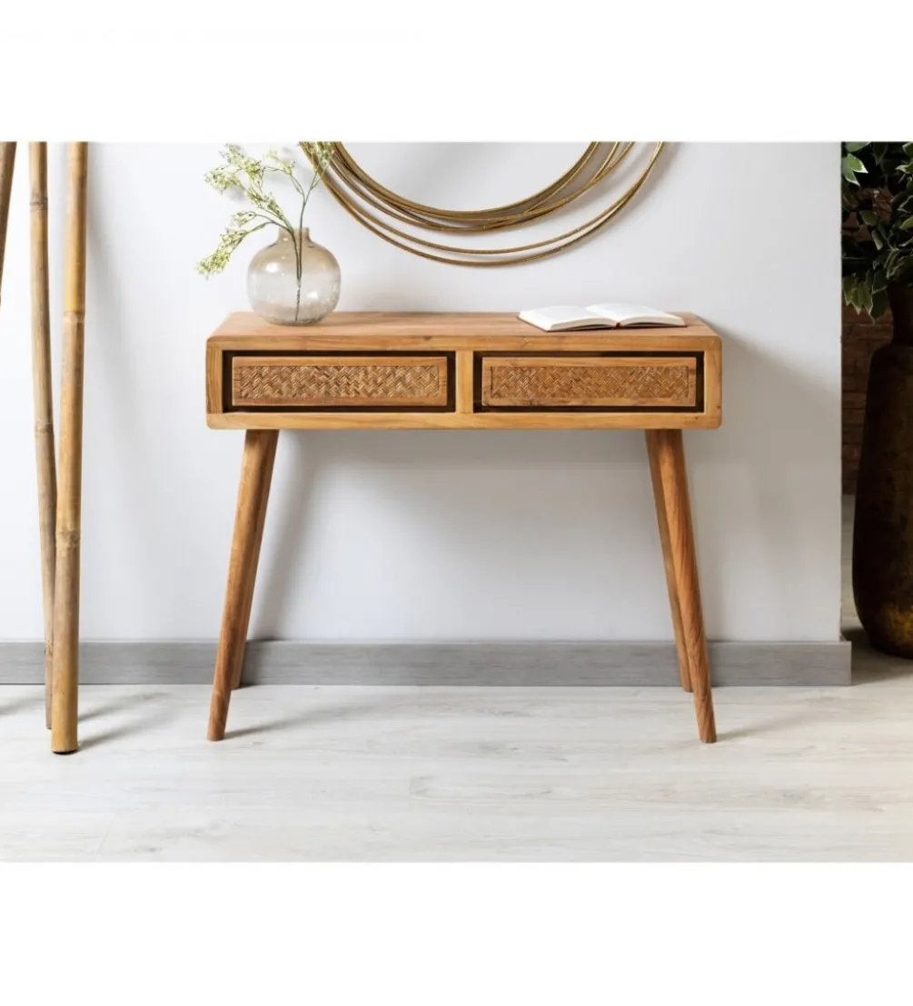 Konsola NORI 90 cm drewno akacja rattan