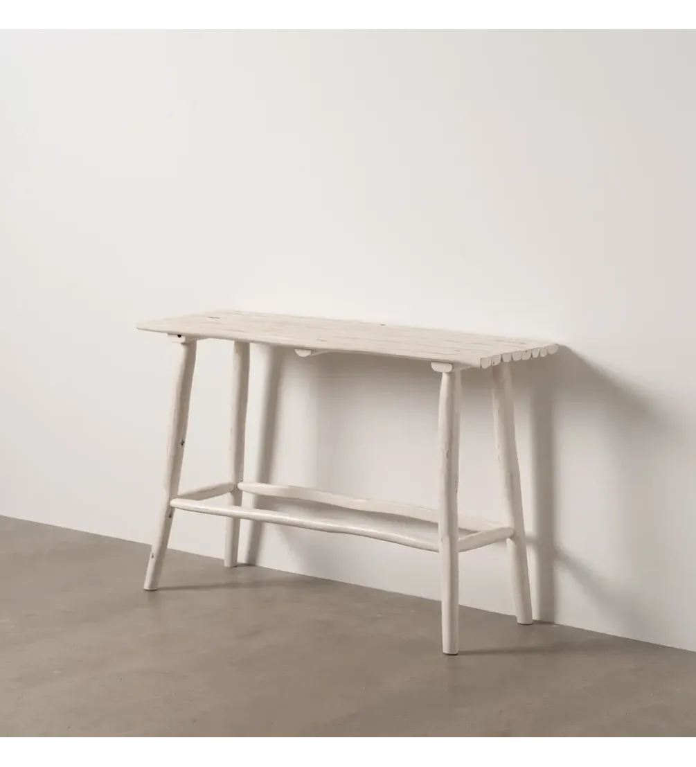 Konsola WORNYM 120 cm drewno teak biała przecierana