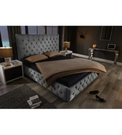 Łóżko tapicerowane PARIS CHESTERFIELD 180 cm x 200 cm Szare lniane