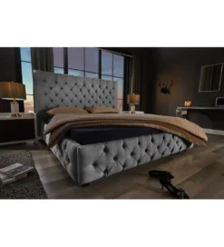 Łóżko tapicerowane PARIS CHESTERFIELD 180 cm x 200 cm Szare lniane