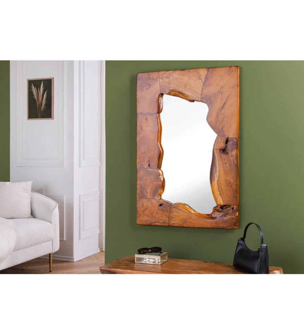 Lustro ścienne MOZAIKA 90 cm drewno tekowe