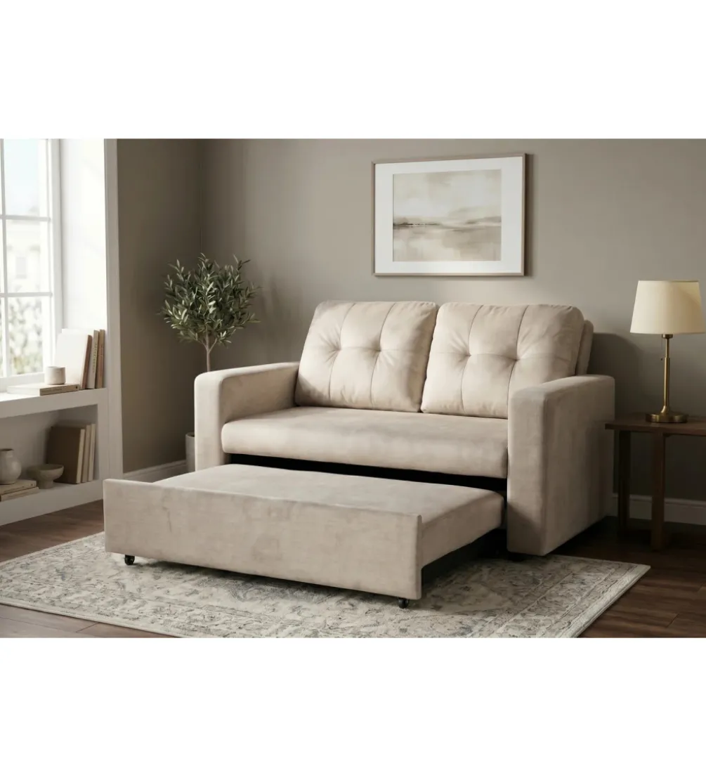 Sofa SMART 140 cm z funkcją spania welwet chmpagne beżowa