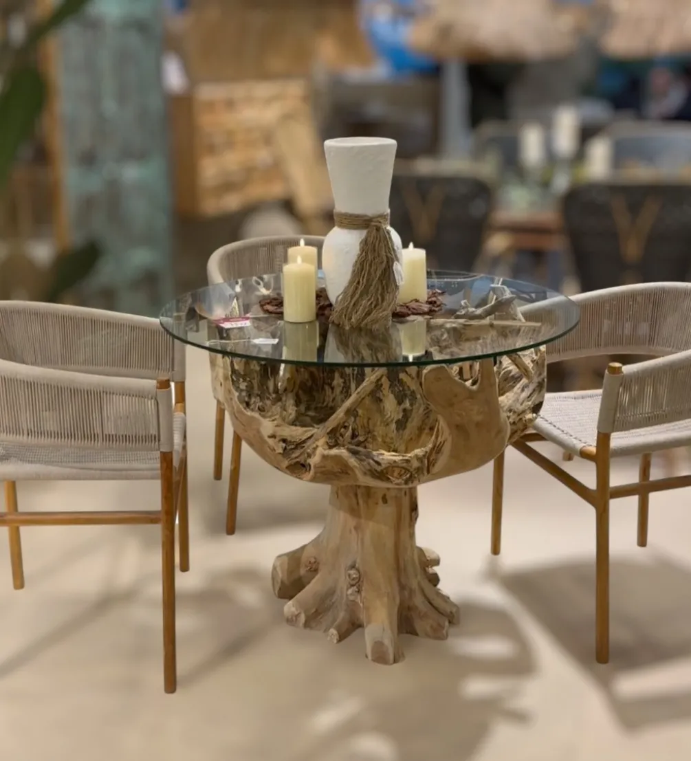 Stół AKWABA 80 cm drewno teak szkło