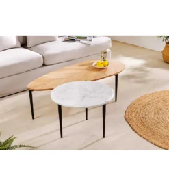 Stolik kawowy LINDO set 2 drewno akacja marmur