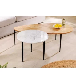 Stolik kawowy LINDO set 2 drewno akacja marmur
