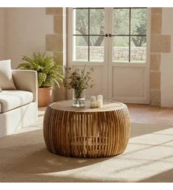 Stolik kawowy MURPI 75 cm drewno mango rattan