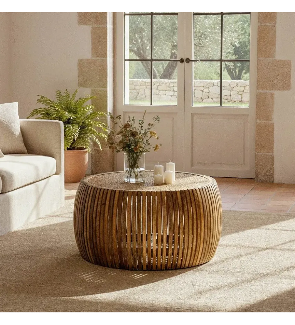 Stolik kawowy MURPI 75 cm drewno mango rattan