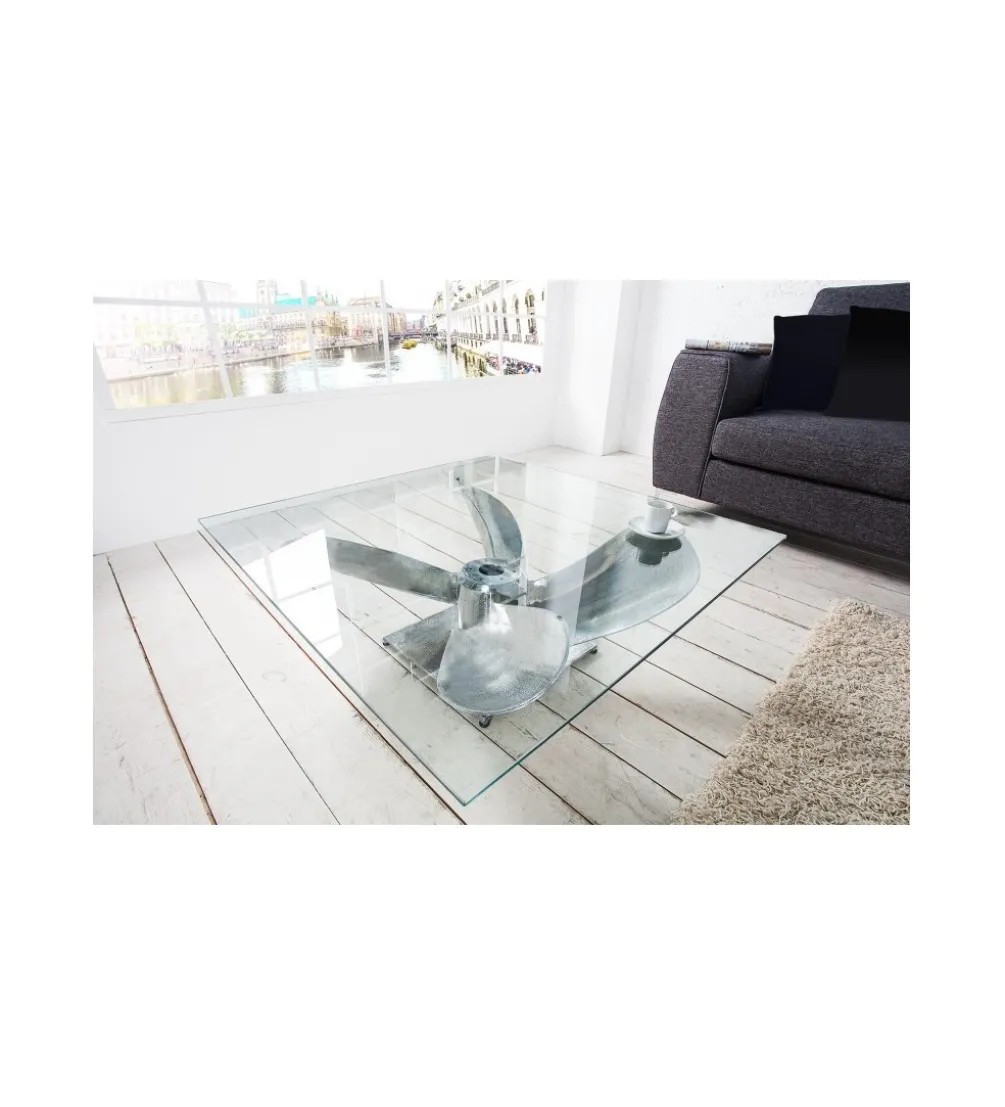 Stolik Kawowy Ocean 85 Cm Srebrny ze szklanym blatem