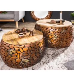 Stolik kawowy STONE MOSAIC set 2 drewno akacja
