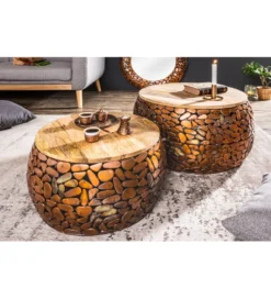 Stolik kawowy STONE MOSAIC set 2 drewno akacja