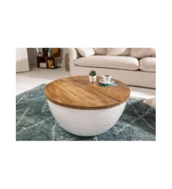 Stolik kawowy Storage Orient 60 cm Biały Z Blatem z drewna Mango