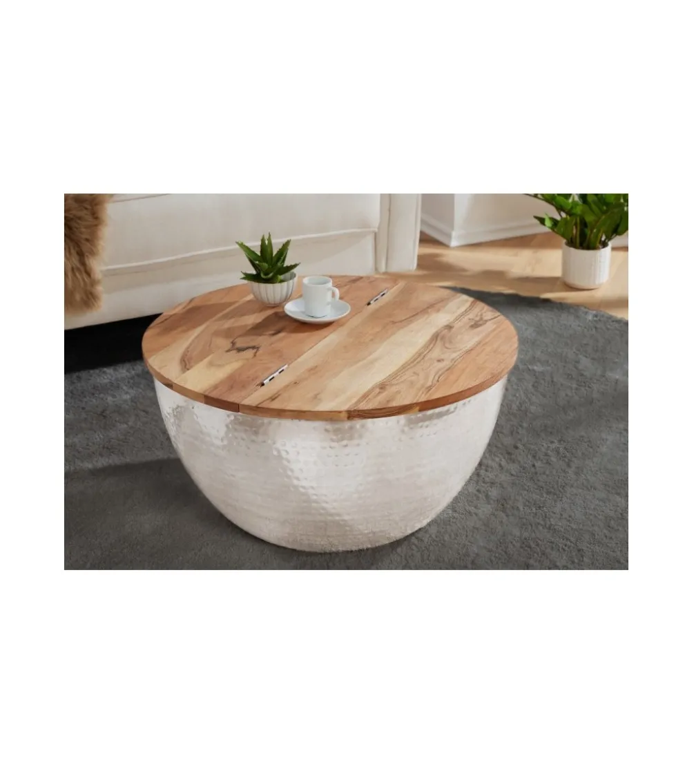 Stolik Kawowy Storage Orient 60 Cm srebrny Z Blatem drewna akacji