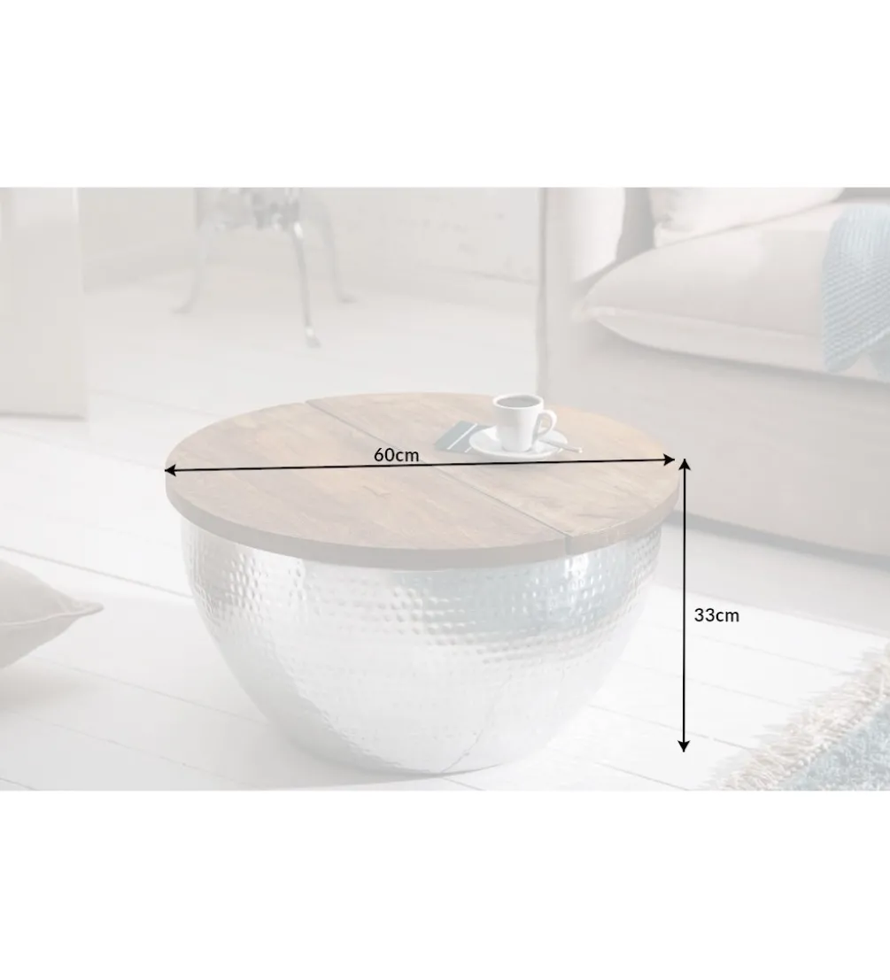 Stolik Kawowy Storage Orient 60 Cm srebrny Z Blatem drewna akacji