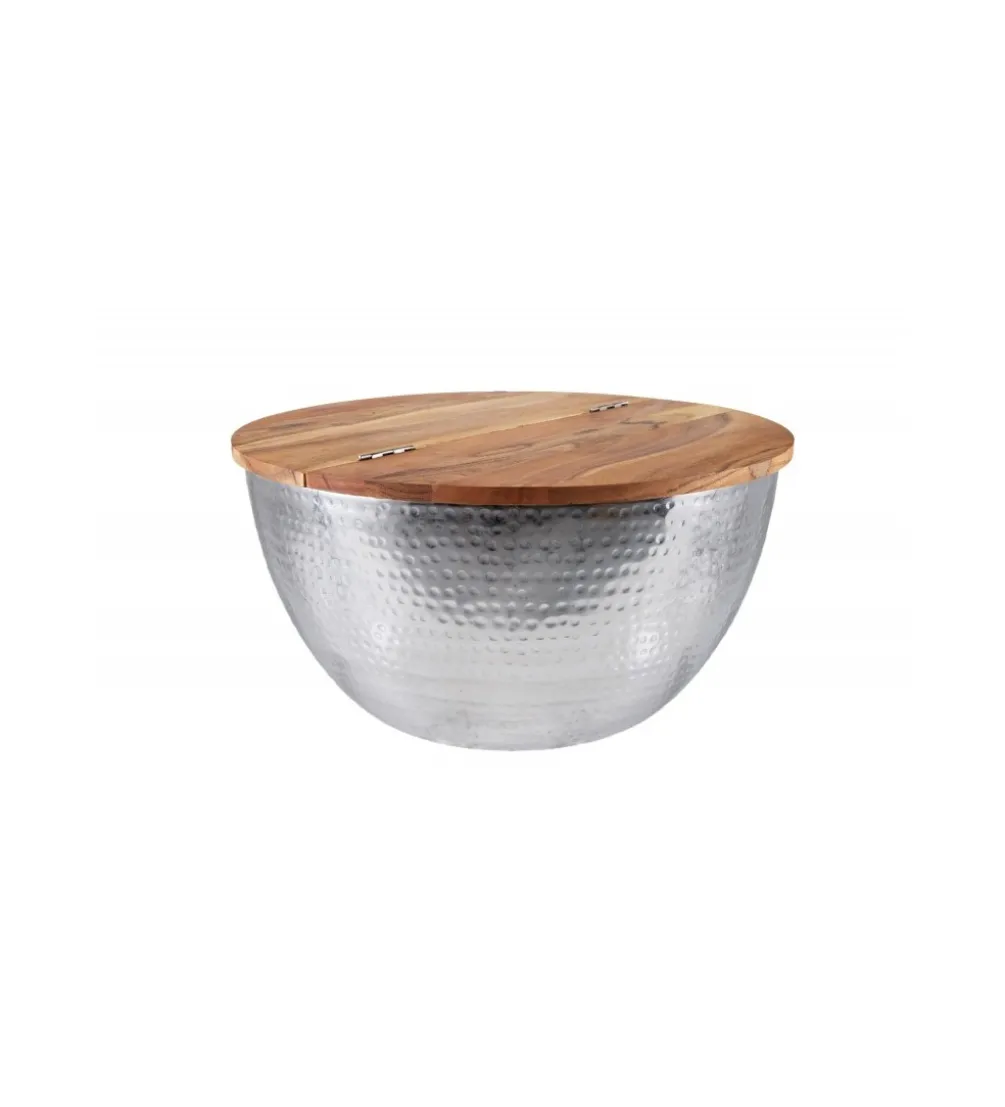 Stolik Kawowy Storage Orient 60 Cm srebrny Z Blatem drewna akacji