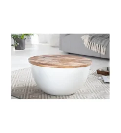 Stolik kawowy WHITE 60 cm biały z blatem z drewna Mango