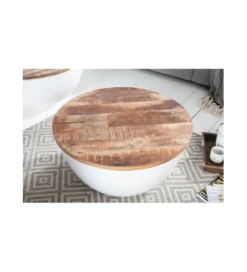Stolik kawowy WHITE 60 cm biały z blatem z drewna Mango