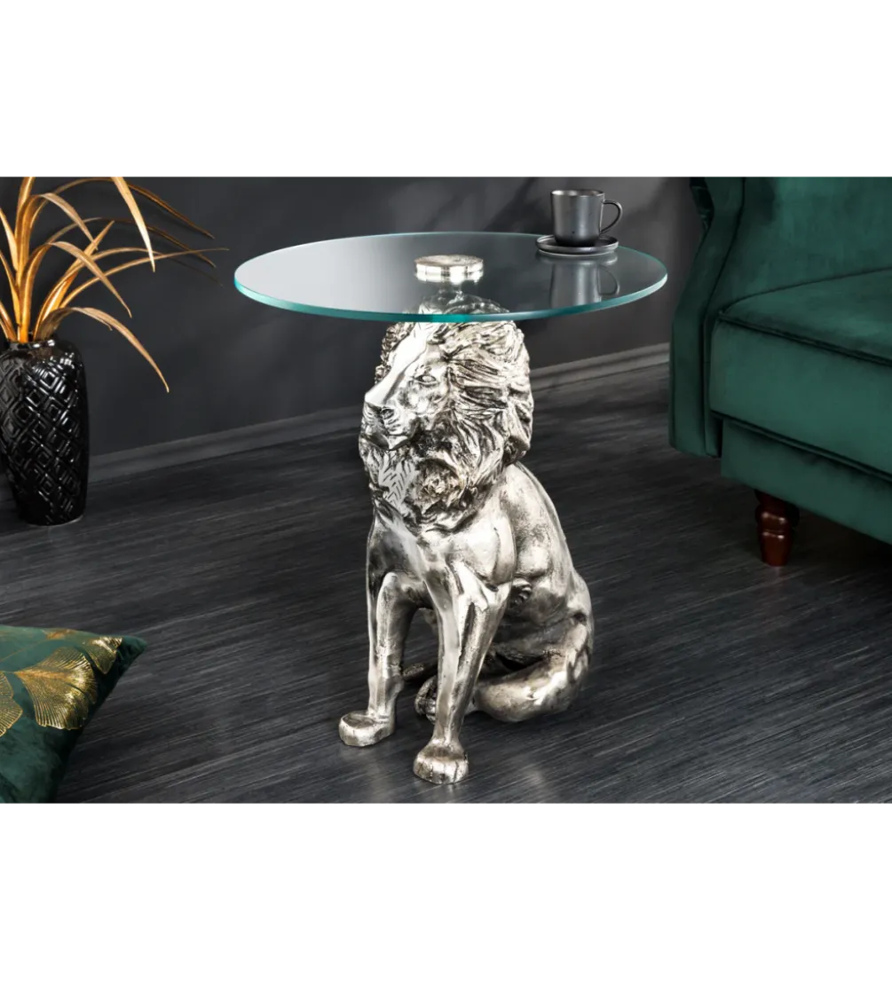 Stolik kawowy WILDLIFE LION 60 cm antyczne srebro