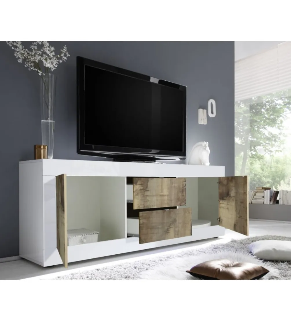 Stolik pod TV BASIC 210 cm biała z dodatkiem koloru klon Pero
