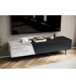 Stolik pod TV BONNA 150 cm czarna z optyką białego marmuru