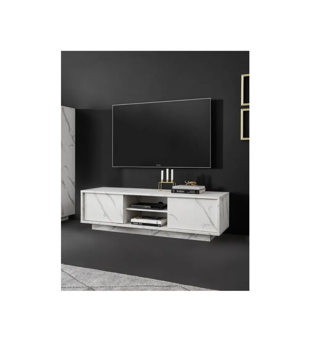 Stolik pod TV CARRARA 139 cm w optyce białego marmuru
