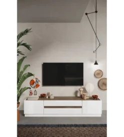 Stolik pod TV FANTASY 205 cm biały z dodatkiem koloru dąb Mercure