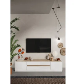 Stolik pod TV FANTASY 205 cm biały z dodatkiem koloru dąb Cadiz