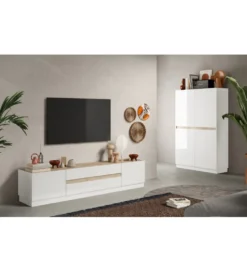 Stolik pod TV FANTASY 205 cm biały z dodatkiem koloru dąb Cadiz