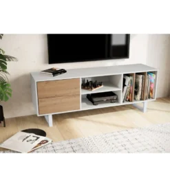 Stolik pod TV GRASSE 150 cm biały z dodatkiem koloru dębowego