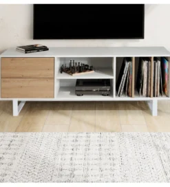 Stolik pod TV GRASSE 150 cm biały z dodatkiem koloru dębowego