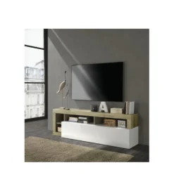 Stolik pod TV HAMBURG 184 cm biały z dodatkiem Koloru Dąb Cadiz