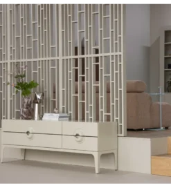 Stolik pod TV MERGE 160 cm drewno eukaliptusa szary