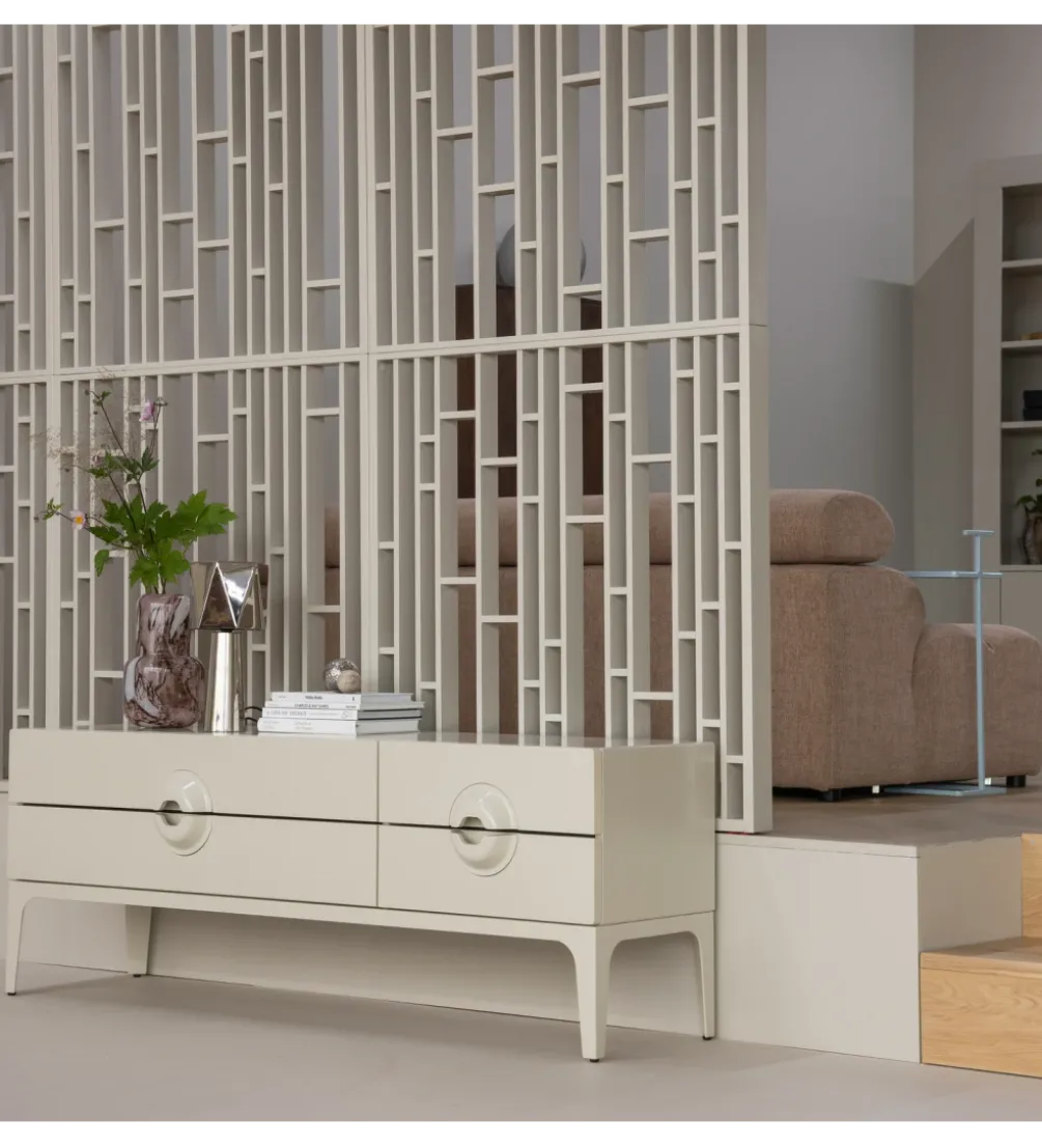 Stolik pod TV MERGE 160 cm drewno eukaliptusa szary