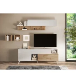 Stolik pod TV MONACO 181 cm biały z dodatkiem dąb Cadiz