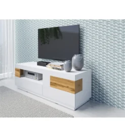 Stolik pod TV SILKE  160 cm biały z dodatkiem koloru Dąb Wotan
