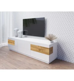Stolik pod TV SILKE 206 cm biały z dodatkiem koloru dąb Wotan