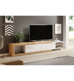 Stolik pod TV SINTRA 200 cm - 241 cm biały z dodatkiem koloru Dąb Samdal