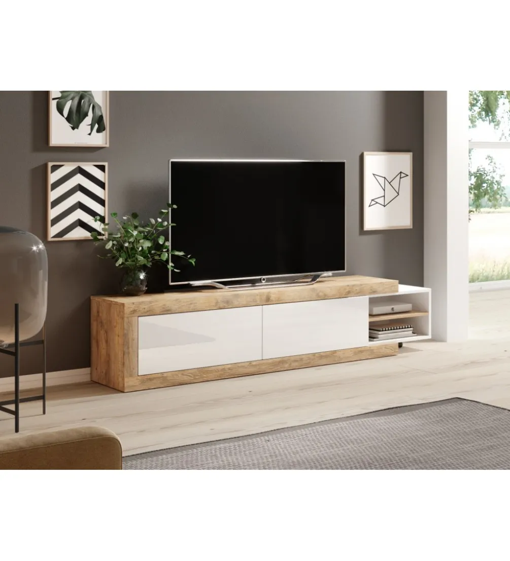 Stolik pod TV SINTRA 200 cm - 241 cm biały z dodatkiem koloru Dąb Samdal