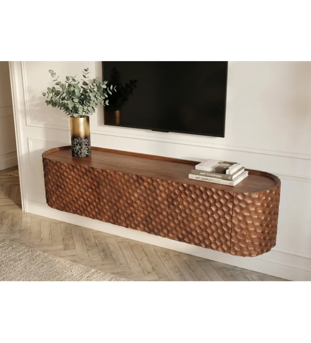 Stolik pod TV wiszący ADLON 160 cm drewno mango wzór 3D