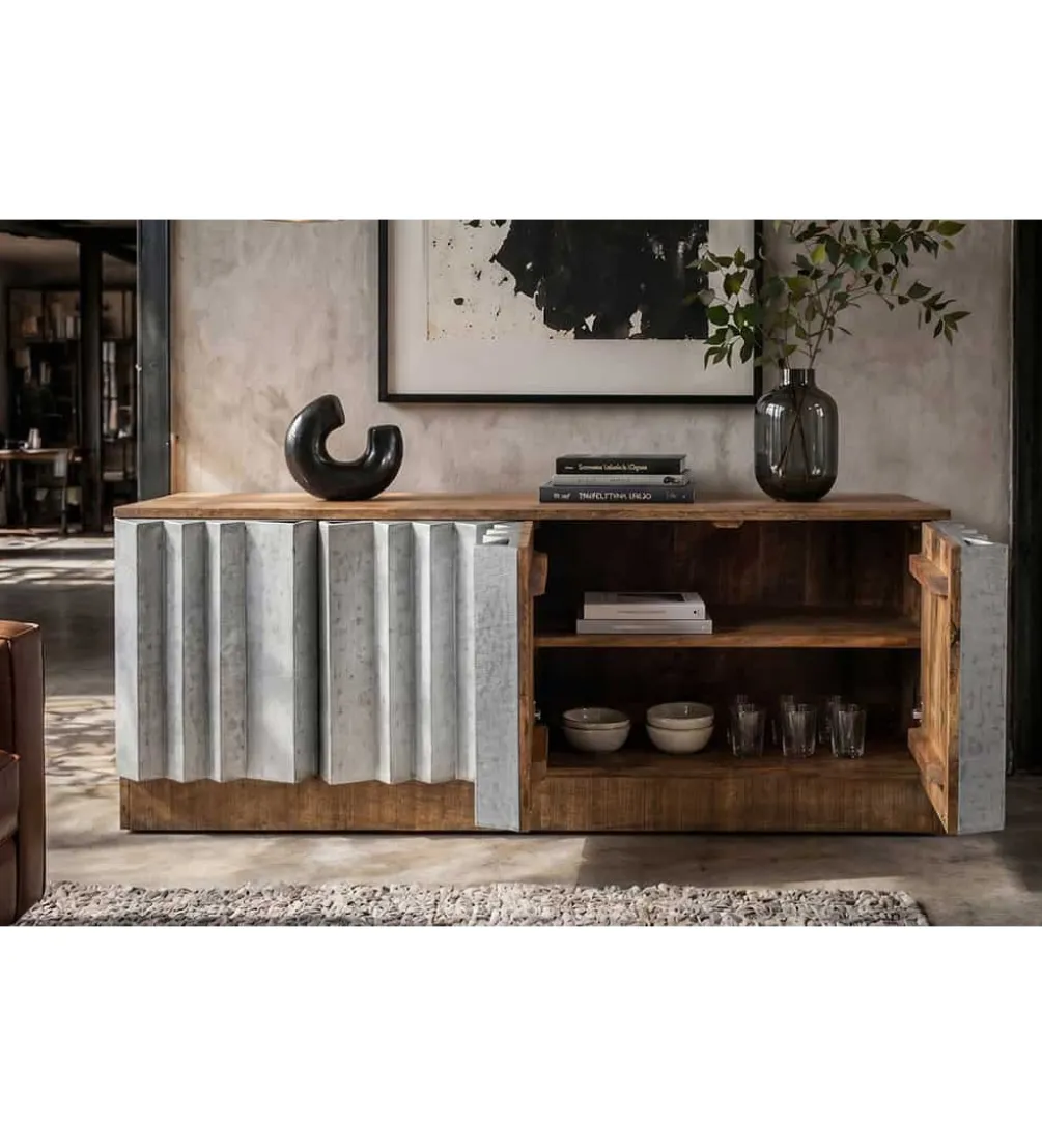 Stolik pod TV ZALVERO 150 cm drewno mango srebrny front