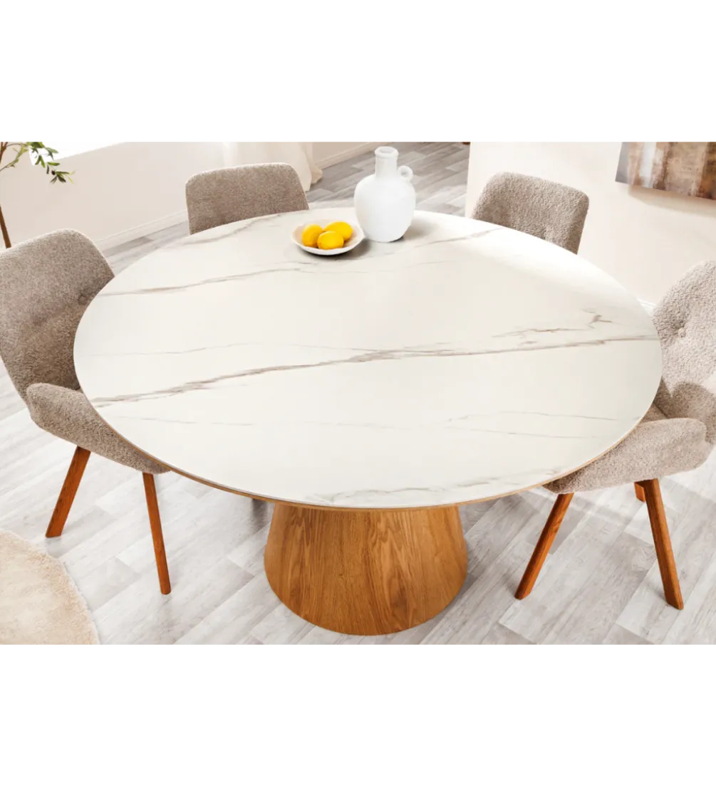 Stół UNIQUE 120 cm drewno dębowe blat ceramika w optyce białego marmuru