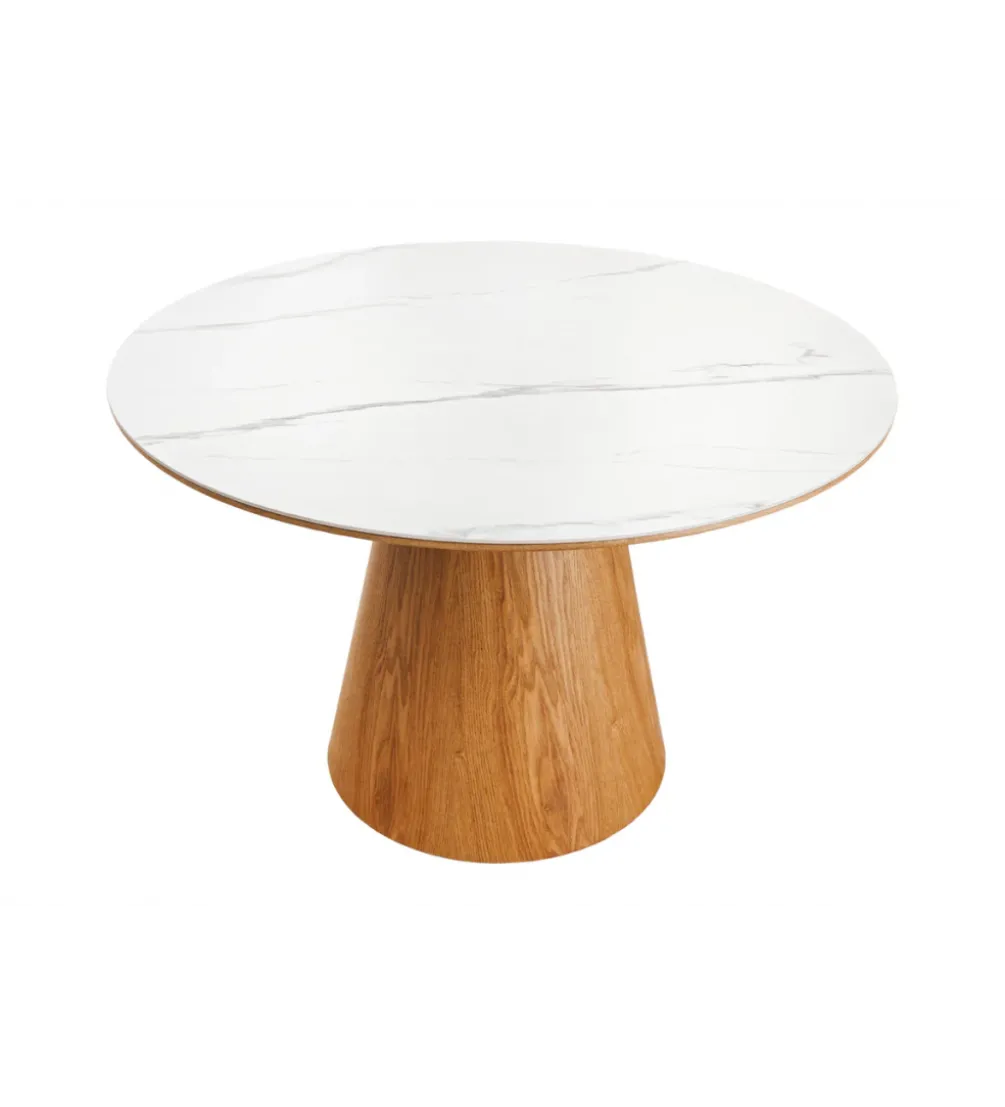 Stół UNIQUE 120 cm drewno dębowe blat ceramika w optyce białego marmuru