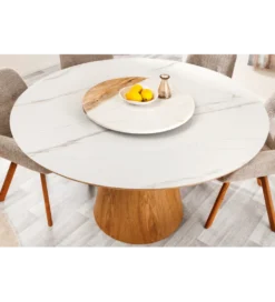 Stół UNIQUE 120 cm drewno dębowe blat ceramika w optyce białego marmuru