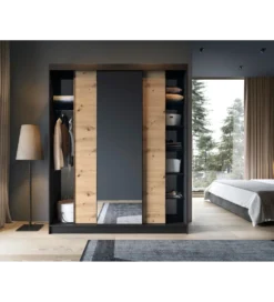 Szafa przesuwna Esville III z lustrem 180 cm w optyce Dąb artisan/Czarny mat