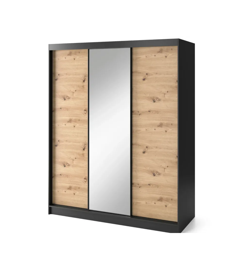 Szafa przesuwna Esville III z lustrem 180 cm w optyce Dąb artisan/Czarny mat