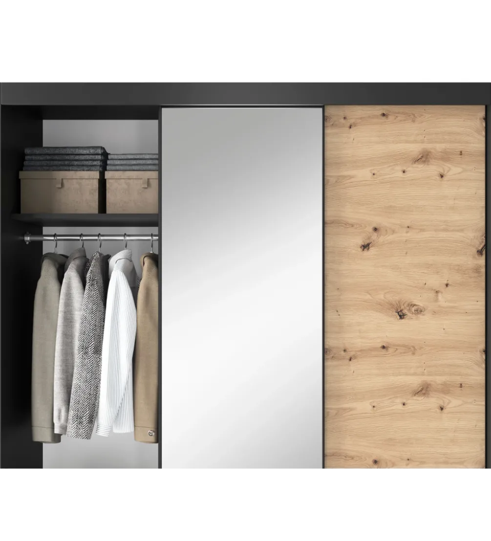 Szafa przesuwna Esville III z lustrem 180 cm w optyce Dąb artisan/Czarny mat