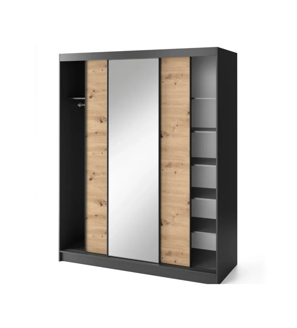 Szafa przesuwna Esville III z lustrem 180 cm w optyce Dąb artisan/Czarny mat