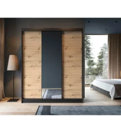 Szafa przesuwna Esville III z lustrem 180 cm w optyce Dąb artisan/Czarny mat