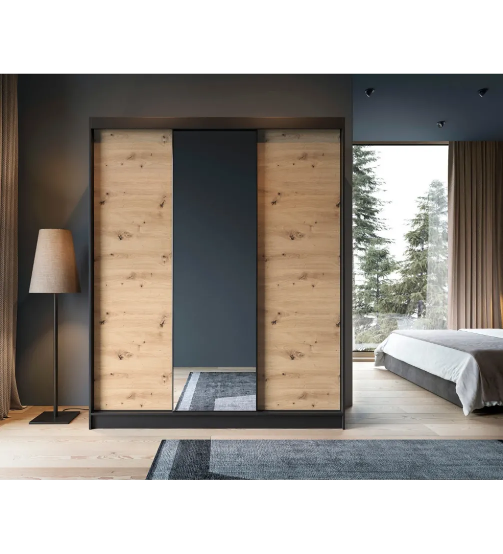 Szafa przesuwna Esville III z lustrem 180 cm w optyce Dąb artisan/Czarny mat